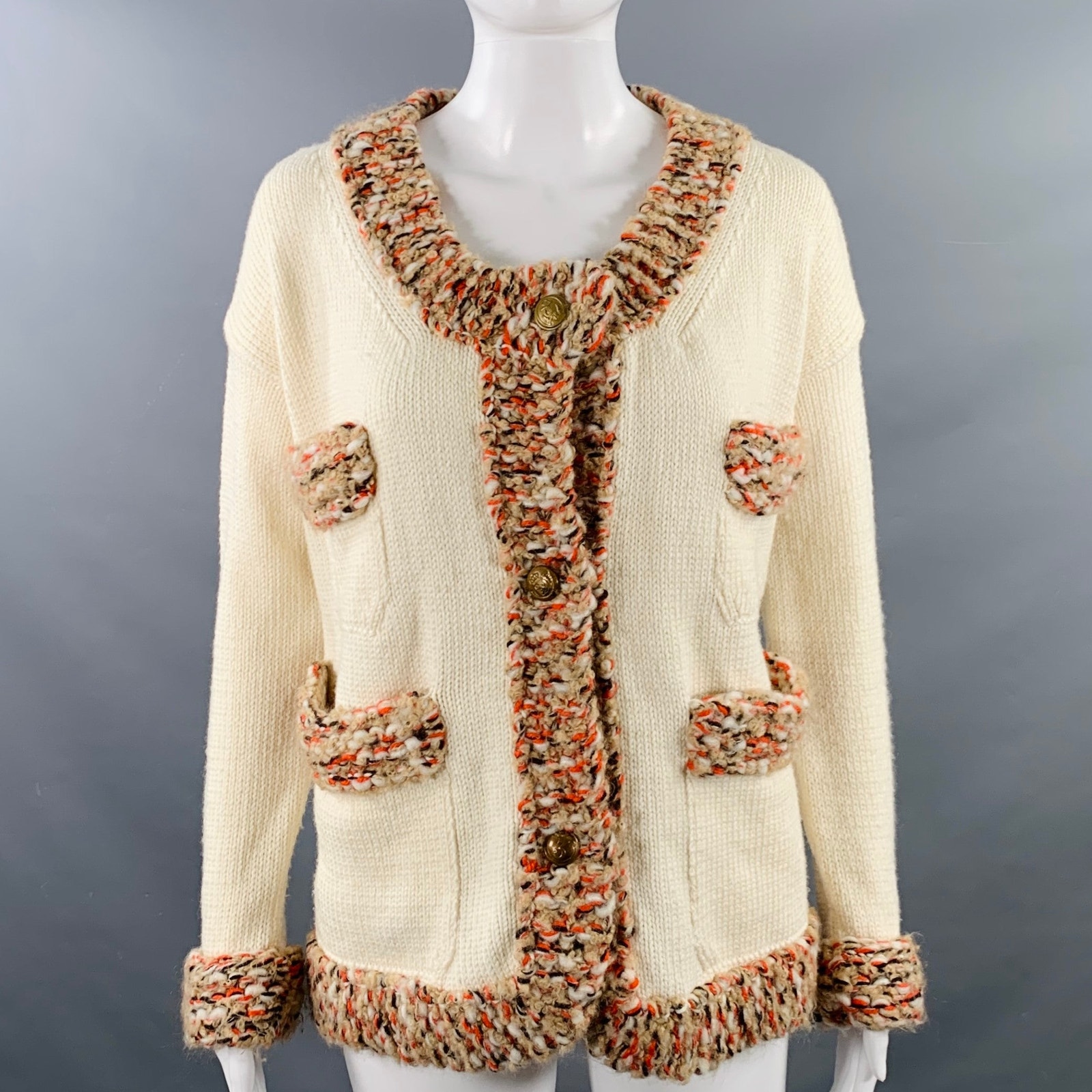 Dirk Van Saene Size M Cream Orange Beige Wool Knit Cardigan